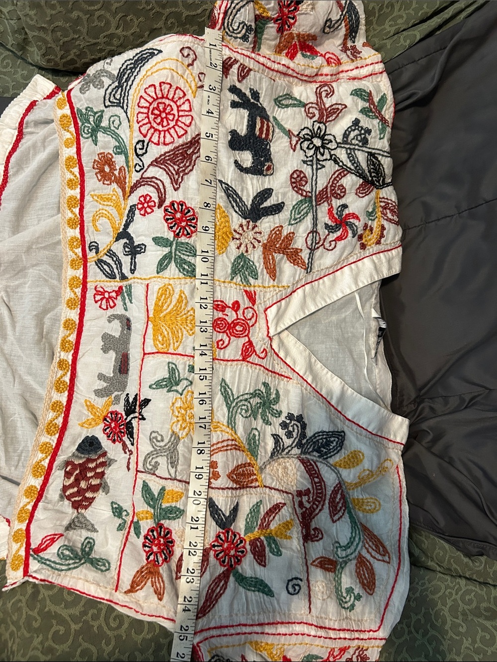 Embroidered V-Neck Boho Top - White with Multicolor Folk Motif - Picture 7 of 7